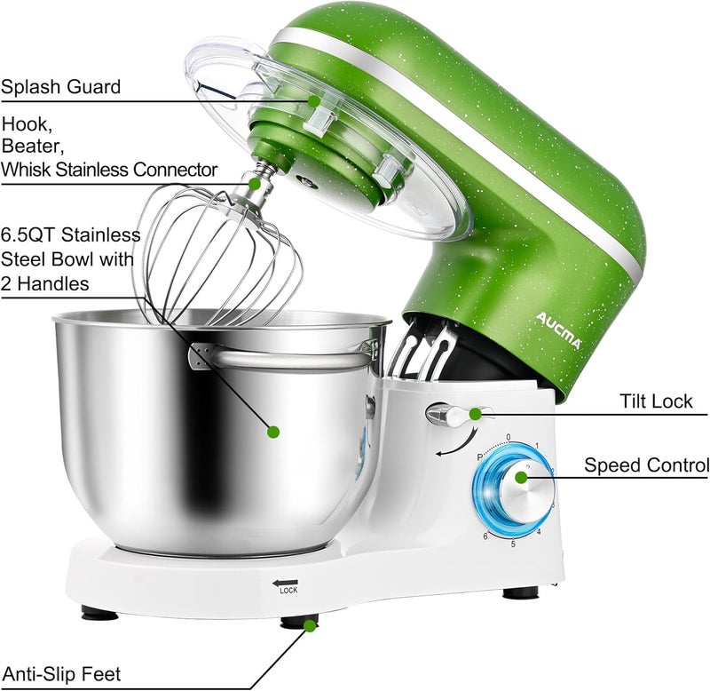 AUCMA Stand Mixer,6.5QT 660W 6-Speed Tilt-Head Food Mixer, Kitchen Electric Mixer with Dough Hook, Wire Whip & Beater (Green-White, 6.5QT) (Renewed) - Image 2